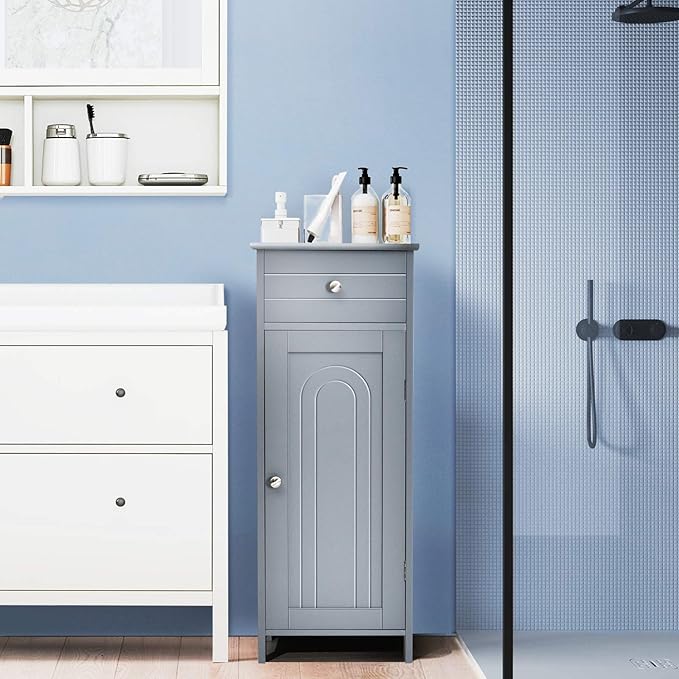 Tangkula Bathroom Floor Cabinet, Wooden Side Storage Cabinet, Freestanding Single Door Bathroom Cabinet with Large Drawer & 2 Adjustable Shelves for Living Room Kitchen (Grey)