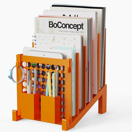 File Organizer for Desk with Storage Box & Hook, Inclined Desk File Organizer with 5-Section Vertical File Holder suitable for Home Office Document Organization(Orange01)