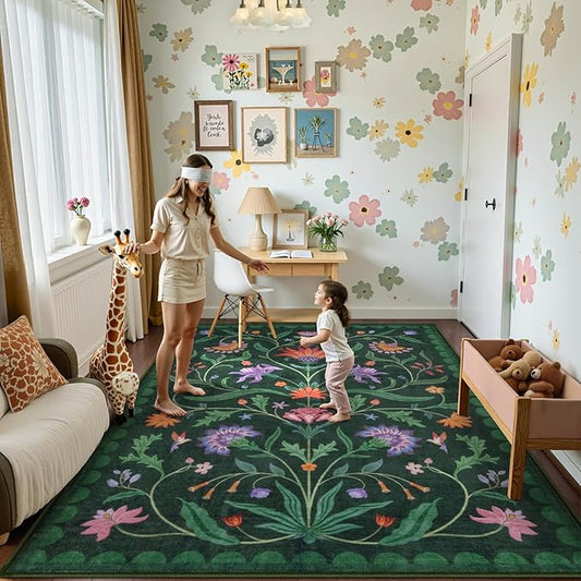 Lahome Boho Floral Washable Green 6x9 Area Rugs for Living Room, Non Slip Rugs for Bedroom, Indoor Throw Dining Room Carpet for Under Table Home Office Playroom (Forest Green,6x9ft)