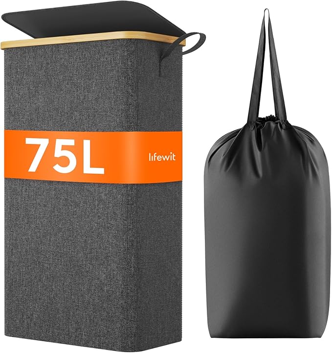 Lifewit 75L Slim Laundry Hamper with Lid, Narrow Laundry Basket with Removable Bag & Bamboo Handles, Fodable Thin Dirty Clothes Hamper for Laundry Collapsible Bin for Bathroom Bedroom Dorm, Dark Gray