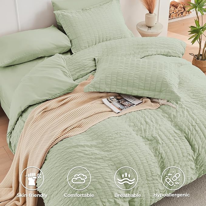HYMOKEGE Light Green Twin Comforter Set Seersucker 5 Pieces, All Season Luxury Bed in a Bag for Bedroom, Bedding Set with Comforters, Sheets, Pillowcase & Shams