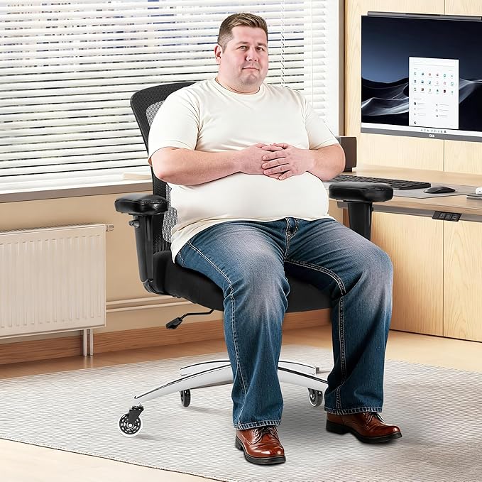 Big and Tall Office Chair 600lbs, Heavy Duty Ergonomic Mesh Chair, Computer Executive Desk Chair with Wide Thick Seat, Adjustable Armrests, Lumbar Support