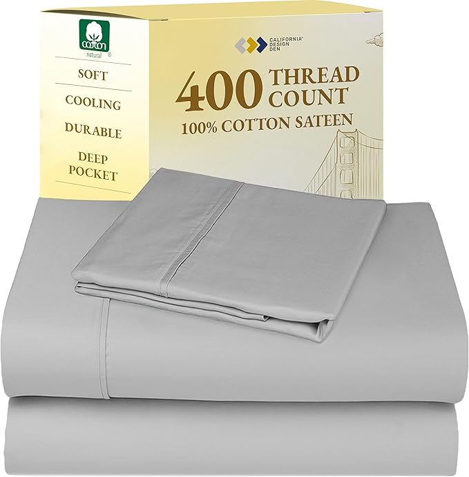 California Design Den Natural 100% Cotton Sheets, Twin Sheets Set, 400 Thread Count Sateen Bedding for Dorm Rooms & Adults, Deep Pockets, Durable - Light Grey CaliforniaDesignDen
