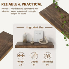 Elm Floating Shelves for Wall Decor, Rustic Solid Wood Shevles Wall Mounted with Invisible Bracket for Living Room Bathroom Bedroom Kitchen, 24 Inch Set of 2, Walnut