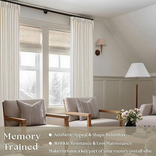 Pinch Pleated Linen Curtains 108 Inches Long for Living Room 2 Panels Set Cream Ivory Flax Double Pleated Drapes Back Tab Neutral Boho Ceiling Floor 108 Inch Window Curtains Bedroom Natural Birch