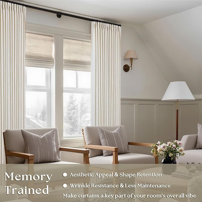 Natural Pinch Pleated Linen Curtains 112 Inches Long 2 Panels Set for Living Room Bedroom Memory Training Shaped Semi Sheer Pleat Drapes with Hooks Rings Light Filtering Window Curtain 40x112