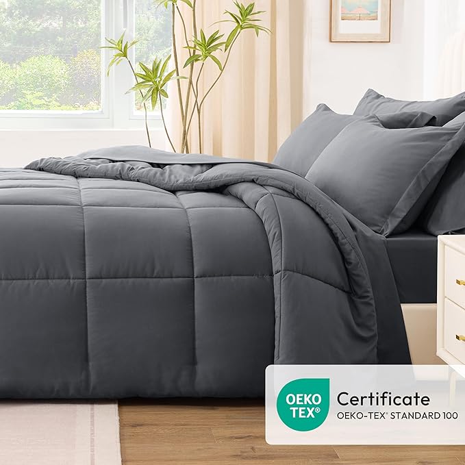 Love's cabin California King Comforter Set Soot Grey, 7 Pieces California King Bed in a Bag, All Season Bedding Sets with 1 Comforter, 1 Flat Sheet, 1 Fitted Sheet, 2 Pillowcase and 2 Pillow Sham