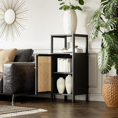 Bamboo Floor Rattan Cabinet, Small Bathroom Storage Organizer Rack with 1 Door and 1 Shelf, Space Saving Wood Kitchen Cupboard, Hallway Side Table, Living Room Freestanding Stand (Black)