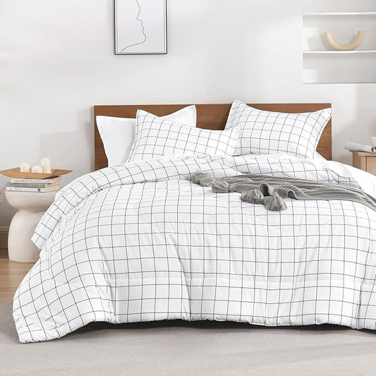 Andency Full Size Comforter Sets, White Gingham Plaid Grid Checkered Bedding Comforter Set for Teens Boys Girls Kids, 3 Pieces Lightweight Reversible Preppy Bedding Set(79x90 Inch)