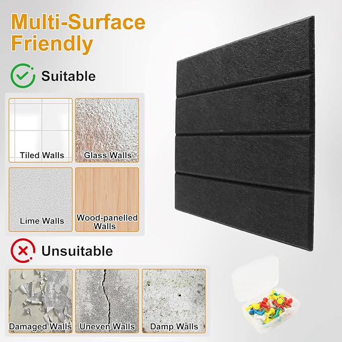Felt Bulletin Board Tiles,Large Cork Board Alternative with 35 Pushpins,Black Bulletin Board, 12 Pack 12"X12"X0.4" Felt Cork Board Tiles with Self Adhesive for Office Pin Board, Home & Classroom