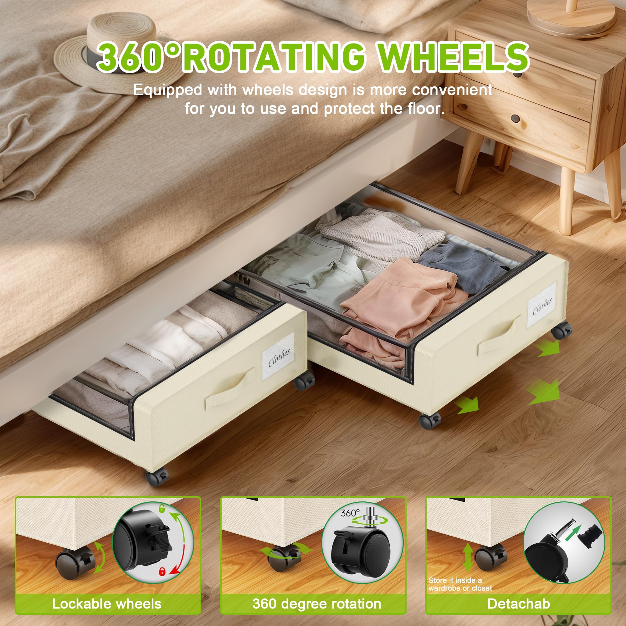 YAASHEEN Under Bed Storage with Wheels, 2-Pack Under the Bed Storage Containers with Clear Lids & Label, Underbed Storage Bins, XXL 60L Rolling Metal Drawer for Clothes, Shoes, Toys, Books - Black Dormly