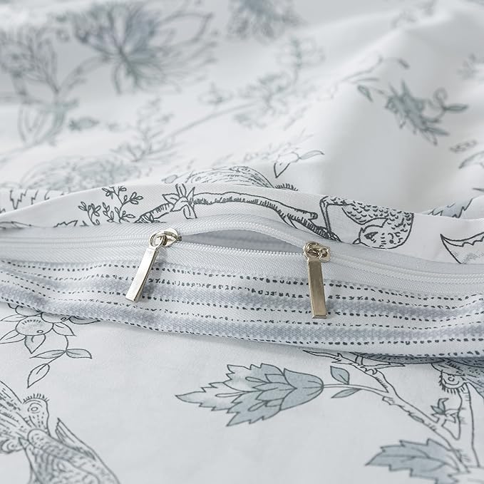 FADFAY Gray and White Duvet Cover Set Twin Shabby White Floral Bedding Vintage Bird Farmhouse Bedding Rustic Peacock Quilt Cover 100% Cotton Comforter Cover with Hidden Zipper Closure 3Pcs, Twin Size