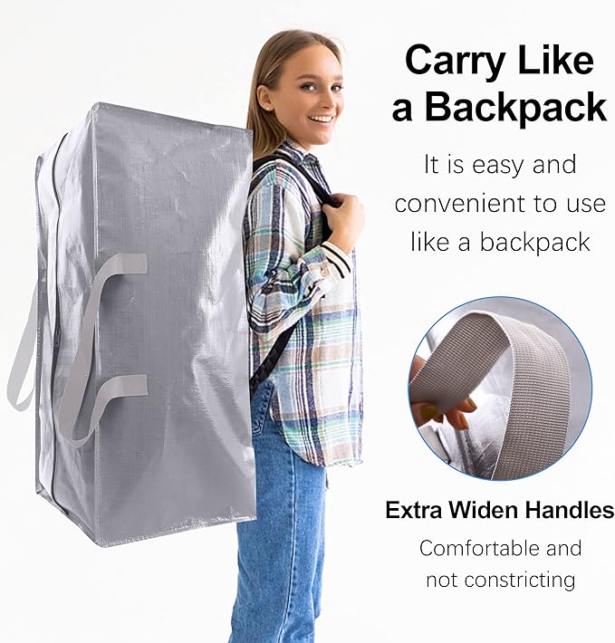 12 Pack Heavy Duty Extra Large Moving Bags W/Backpack Straps - Strong Handles & Zippers, Storage Totes For Space Saving, Fold Flat, Alternative to Moving Box and Storage Bin, Silver