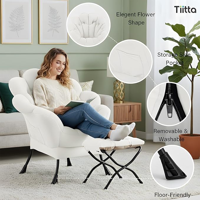 Tiita 2025 Lazy Chair with Ottoman, Modern Floral Upholstered Lounge Armchair, Mid-Century Comfy Reading Chair with Footrest Oversized Armchair for Bedroom, Living Room, Dorm Room, Beige