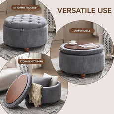 30Inch Round Storage Ottoman with Tray, Modern Tufted Circle Coffee Table with Storage, Upholstered Ottoman with Removable Top for Living Room, Bedroom, Chenille Blue