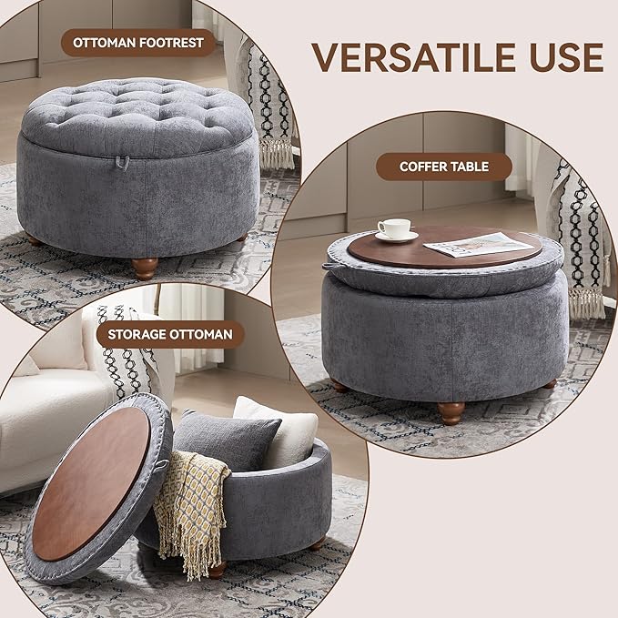 30Inch Round Storage Ottoman with Tray, Modern Tufted Circle Coffee Table with Storage, Upholstered Ottoman with Removable Top for Living Room, Bedroom, Chenille Blue