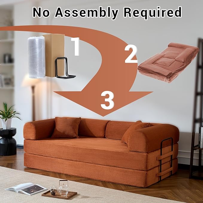 Compressed Sofa, Convertible Sofa Bed, Corduroy Compression Boneless Couch with Pillow, Comfy Modular Foldable Floor Sleeper Sofa for Bedroom, Living Room, Lounge, Studio (Orange)