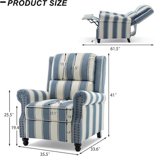 Recliner Chair, Modern Pushback Armchair with Adjustable Backrest & Footrest for Bedroom, Living Room (Navy Blue Stripe,Set of 1)