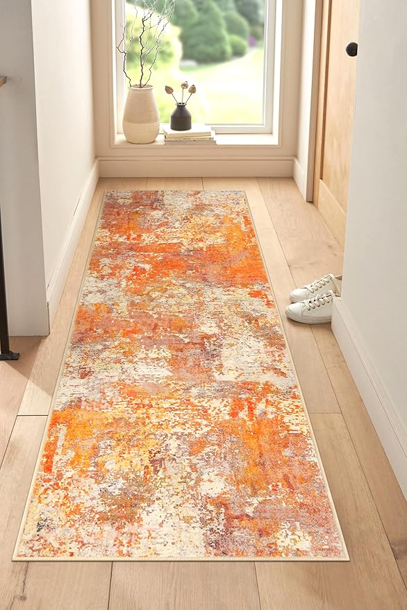 Lahome Modern Abstract Runner Rug - 2x6 Hallway Runner Rugs Long Bathroom Runner Washable Carpet Runner, Contemporary Soft Non Skid Indoor Floor Runners for Kitchen Laundry Room, Yellow/Gold/Cream