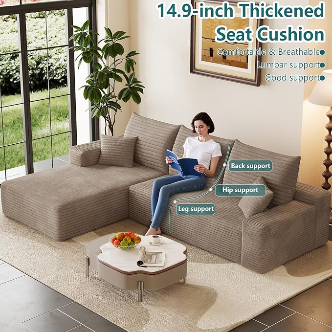 95" Modular Sectional Couch, Boneless L Shaped Cloud Sofa with Chaise Lounge, Corduroy Upholstered Couches Memory Foam Deep Seat, No Assembly Required, Ideal for Living Room(Camel, Left Facing)