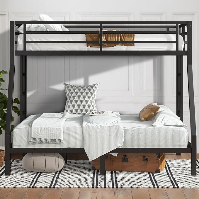 Twin Over Full Bunk Bed, Metal Bunk Bed Frame Heavy Duty Bunk Beds Loft Bed Frame with Ladder and Guardrail Metal Slats No Box Spring Required for Adults Teens, Black