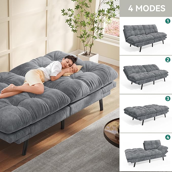 YITAHOME 70″ Convertible Futon Sofa Bed, Cat-Scratch-Proof Fabric Futon Couch with Adjustable Backrest and Armrest, Modern Loveseat Sleeper for Living Room Home Office, Dark Grey
