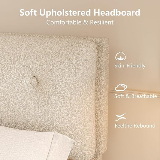 Queen Bed Frame with Headboard, Cloud Boucle Upholstered Bed Frame, Modern Soft Style, Adjustable Headboard, No Box Spring Needed, Easy Assembly, Beige