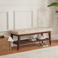 LEILISI Entryway Shoe Bench with Storage, End of Bed Bench, Linen Upholstered Button-Tufted Seat Bench with Solid Wood Frame for Living Room, Bedroom (Beige, 43.3'')