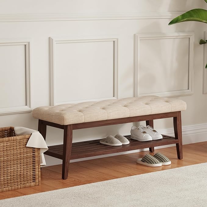 LEILISI Entryway Shoe Bench with Storage, End of Bed Bench, Linen Upholstered Button-Tufted Seat Bench with Solid Wood Frame for Living Room, Bedroom (Beige, 43.3'')
