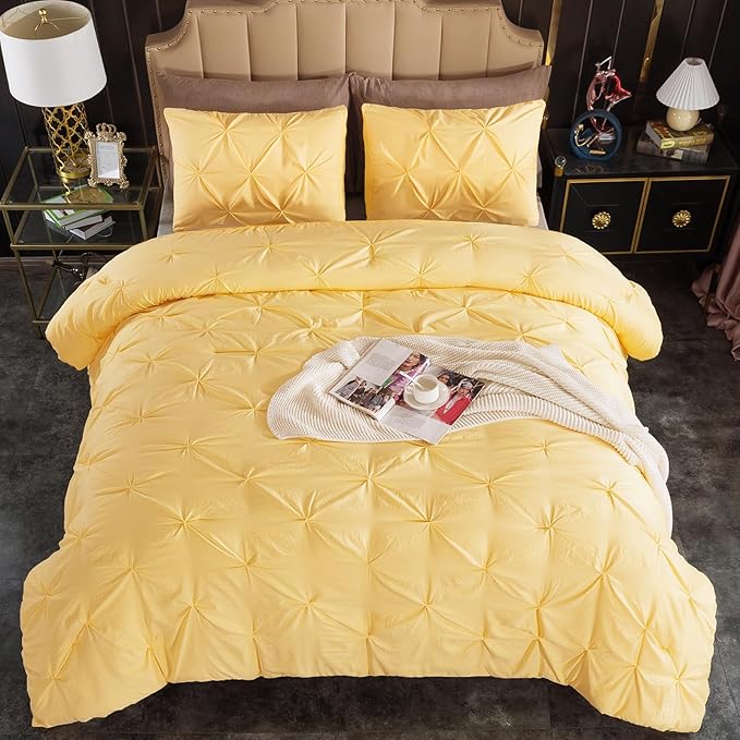 Andency Yellow Pinch Pleated Comforter King(104x90Inch), 3 Pieces (1 Pintuck Comforter, 2 Pillowcases) Pintuck Comforter Set,Microfiber Down Alternative Comforter Bedding Set
