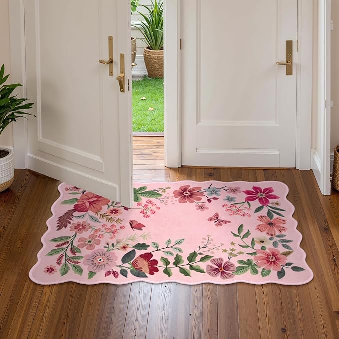 Lahome Floral Washable Entryway Rug, 2X3 Soft Kitchen Rugs Non-Slip, Ultra-Thin Door Mat Indoor Entrance Stain Resistant Boho Small Throw Carpet for Bathroom Bedroom Entry, Pink