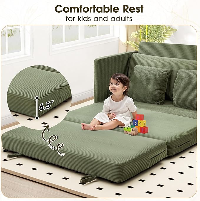 65" Convertible Loveseat Sofa Bed, 2-in-1 Folding Sofa Bed with 2 Pillow for Small Spaces, Modern Loveseat Sleeper Couch for Apartment, Living Room & Guest Room (Green Corduroy, 65 inch)