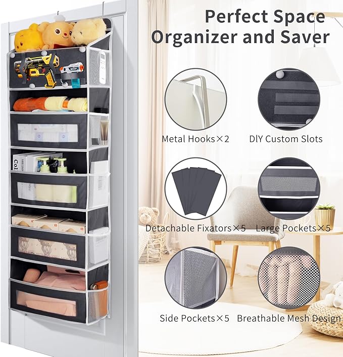 Over the Door Organizer, Large Capacity 5 Shelfs Hanging Door Organizer with Pockets and DIY Slots for Toys, Shoes, Diapers, Clothes, Behind Door Storage for Closet Wall Bedroom Nursery Pantry, Gray
