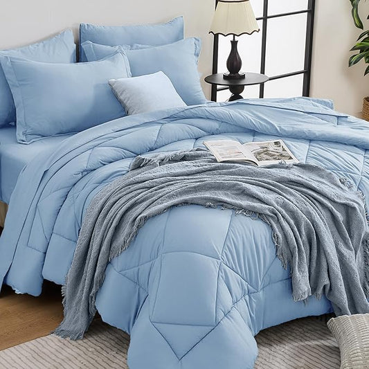 HEVUMYI Light Blue King Comforter Set - 7-Piece All Season Bed in a Bag King, Ultra Soft Bedding Set with Comforter, Flat Sheet, Fitted Sheet, Pillowcases, Pillow Shams