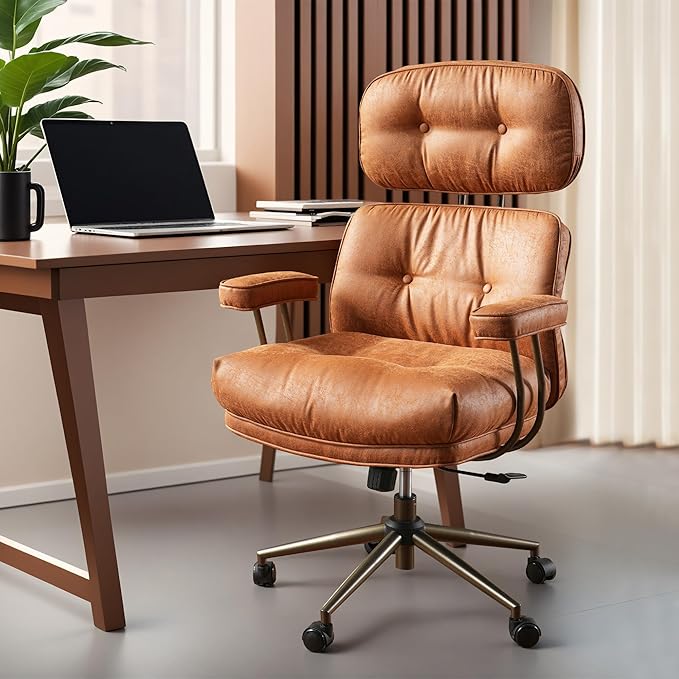ovios Ergonomic Office Chair, High Back Faux Leather Executive Chairs with Thick Cushion, Comfy High-Century Modern Swivel Rolling Computer Armchair (Brown, Suede Leather)