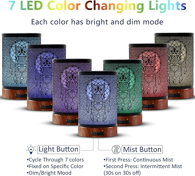 EQUSUPRO Essential Oil Diffuser 150ml Metal Aromatherapy Oil Diffuser Ultrasonic Cool Mist Diffuser with Auto Shut-Off Protection,7 Colors Changed LED for Home Office SPA Yoga (Owl)