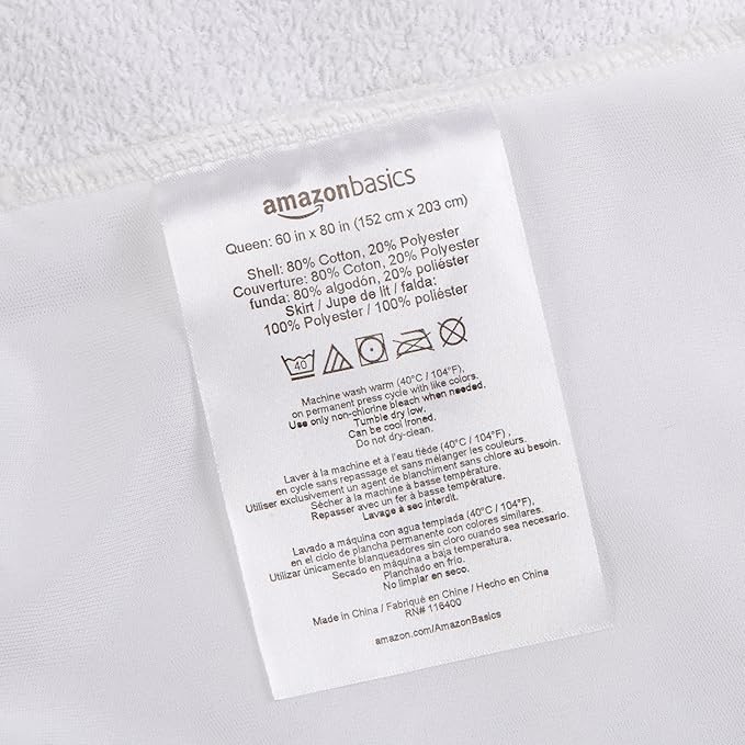 Amazon Basics Waterproof 18 inch Mattress Protector Queen Size, Breathable, Machine Washable, White