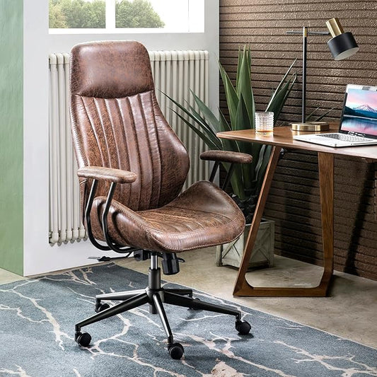 ovios Ergonomic Office Chair, High Back Faux Leather Executive Chairs with Armrests, Comfy High-Century Modern Swivel Rolling Computer Armchair (Dark Brown, Suede Leather)
