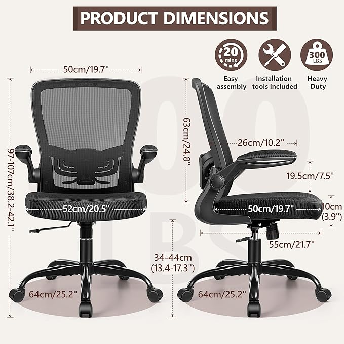 Ergonomic Office Chair - High Back Mesh Computer Desk Chair with Adjustable Lumbar Support, Flip-Up Armrests, Tilt Function - Perfect for Gaming, Work, and Study -Light Black