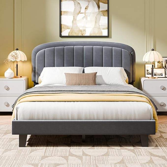 Cozy Castle Full Size Bed Frame with Adjustable Vertical Channel Tufted Headboard, Velvet Upholstered Platform Bed with Wood Slats, Mattress Foundation, No Box Spring Needed, Easy Assembly, Gray