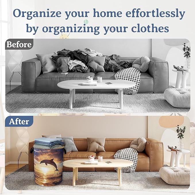 Dolphins Laundry Basket,Foldable Oxford Cloth Sunset Laundry Hamper With Handle, 20.8"x16" Portable Clothes Storage Basket Bag for Laundry Room/Bathroom/Bedroom/Dormitories