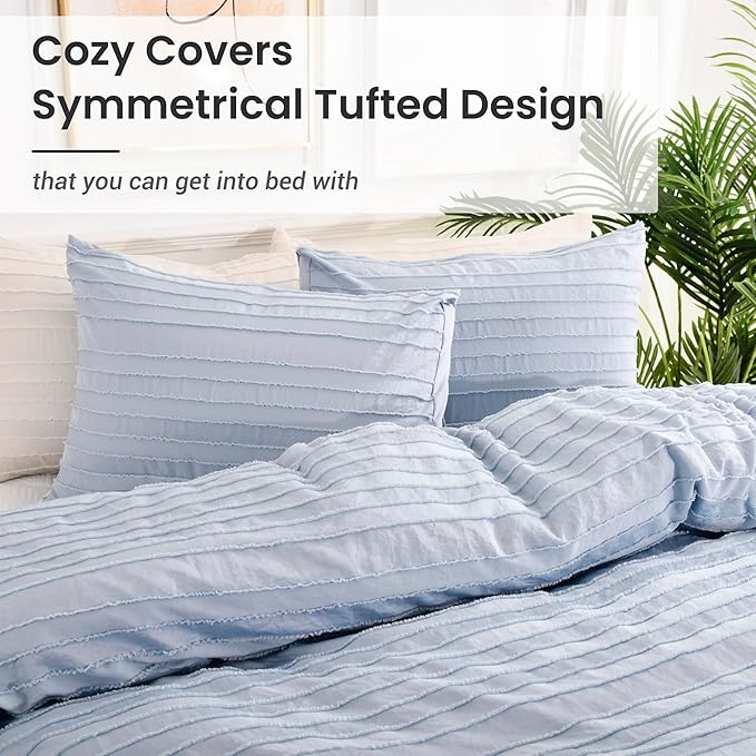 NEXHOME PRO Duvet Cover Full Size, Blue 3 Pieces Boho Tufted Duvet Cover Set, Soft and Lightweight Microfiber Comforter Cover Set for All Season (Blue Full, 80 x 90)-No Comforter