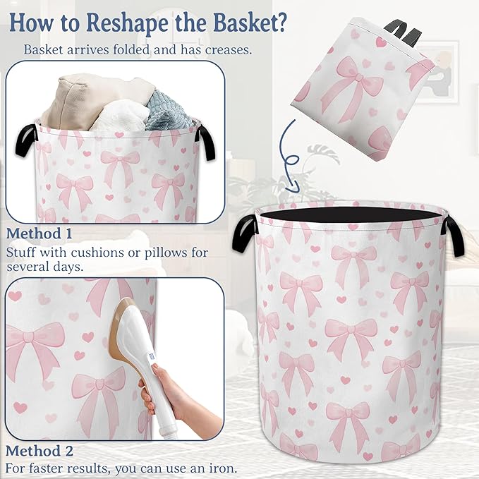 Cute Pink Bow Laundry Basket,Foldable Oxford Cloth Heart Laundry Hamper with Handles, 20.8"x16" Tote Bag Clothes Storage Bucket for Laundry Room/Bathroom/Bedroom/Dormitories