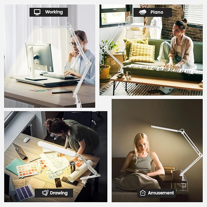 SKYLEO Led Desk Lamp - 31.5" Desk Light - 5 Color Modes X 11 Brightness Levels - Adjustable Swing Arm - Timmer & Memory Function - 12W Study Lamp - White