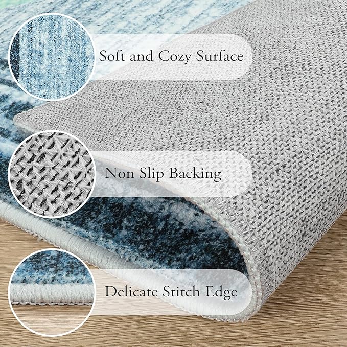 Lahome Modern Abstract Area Rug, Washable Blue 2x3 Entryway Rugs Non Skid Front Door Rug Indoor Low-Pile Kitchen Carpet, Minimalist Bordered Soft Bedroom Throw Rug for Bathroom Entry
