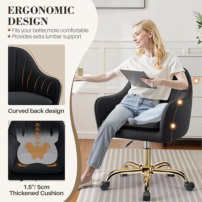 Vanity Chair with Wheels, Comfy Home Office Desk Chairs Adjustable Modern Velvet Makeup Vanity Chairs for Bedroom Living Room-Black