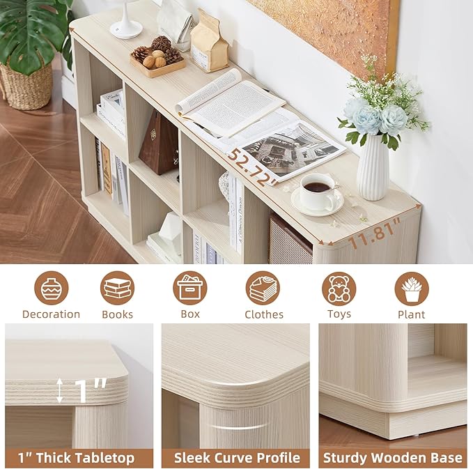 8 Cube Storage Bookcase, 52" Long Horizontal Book Shelf w/Curved Edge, Wood Floor Standing 2-Tier Cubby Console Bookshelf with Base, Modern Low TV Stand for Living Room, White Cream Oak