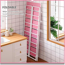 4NM No Assembly 6 Tiers Folding Bookshelf Storage Shelves Vintage Bookcase Standing Racks Study Organizer Home Office (Pink White)