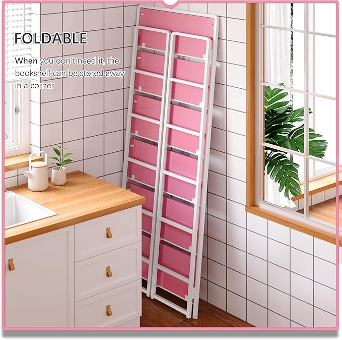 4NM No Assembly 6 Tiers Folding Bookshelf Storage Shelves Vintage Bookcase Standing Racks Study Organizer Home Office (Pink White)