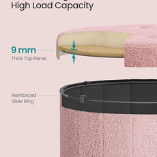 SONGMICS Mazie Collection - Round Storage Ottoman, Folding Footrest Stool with Removable Lid, Easy Assembly, Teddy Fleece Vanity Stool for Bedroom, Living Room, Entryway, Jelly Pink ULSF606R01